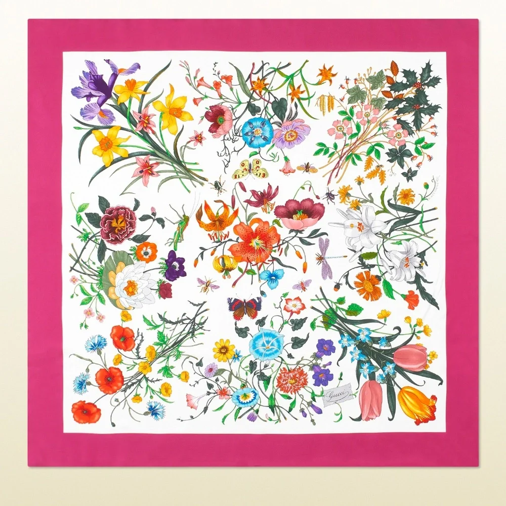 New Gucci Scarf Iconic Floral Print Multicolor Silk Wrap - Picture 1 of 13
